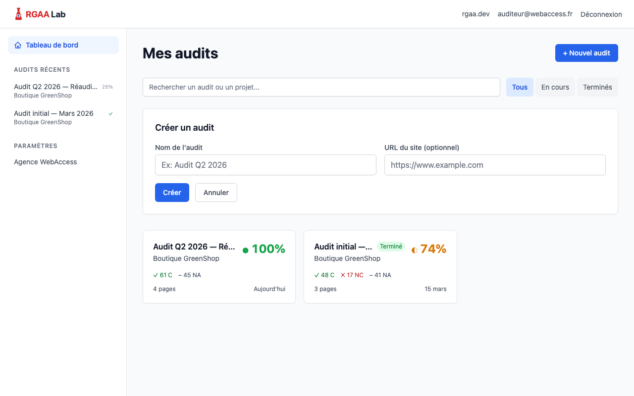 Formulaire de création d'audit avec les champs nom et URL.
