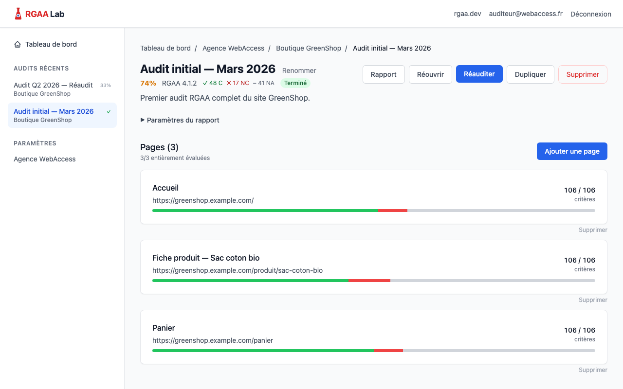 Détail d'un audit terminé avec 3 pages et leurs compteurs de critères évalués.