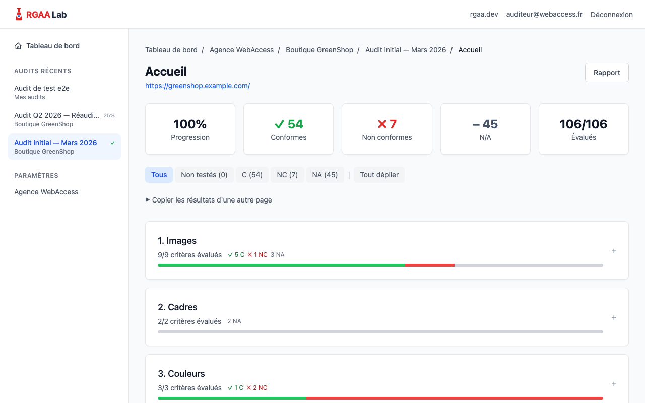 Statistiques d'une page avec 100% de progression, 54 conformes, 7 non conformes et 45 non applicables.
