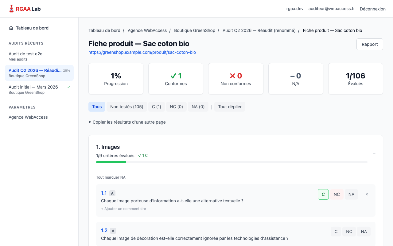 Critère 1.1 évalué comme conforme avec le bouton C actif en vert.