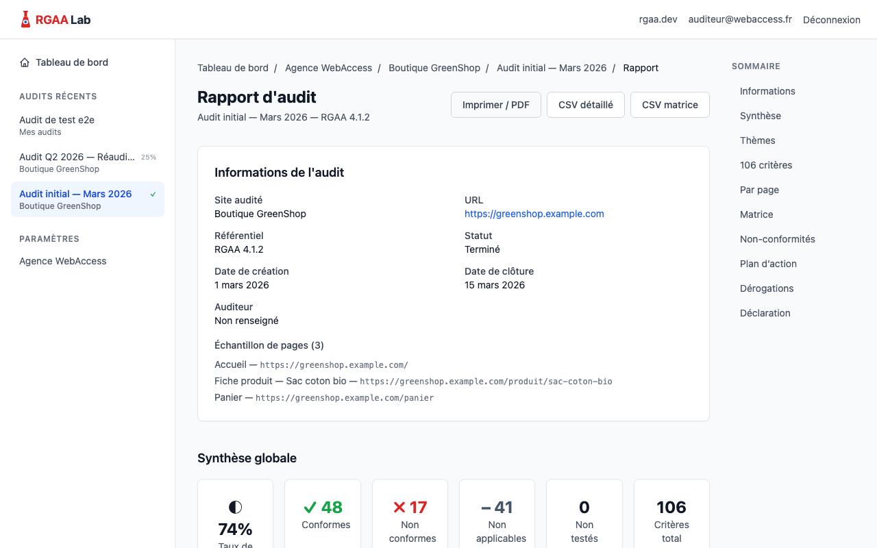Rapport d'audit avec les informations de l'audit et la synthèse globale.